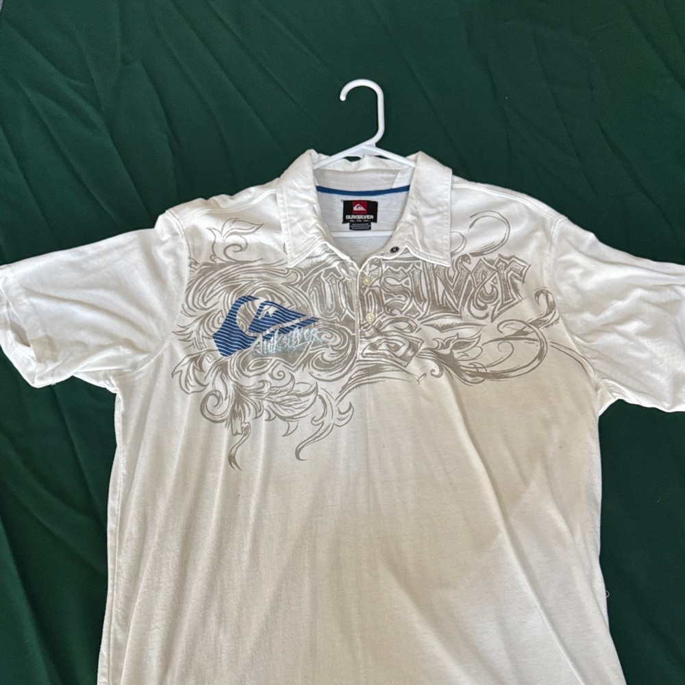 Vintage Quiksilver Polo Shirt 2XL Y2K Surf Graphic White Short Sleeve